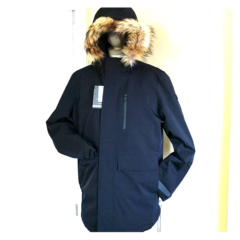 NEW Mens Goose Down Parka Coat OROBOS Faux Fur Trim Detachbl Hood Black Magnet L